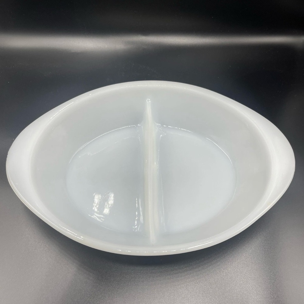 Vintage McKee Glasbake Divided Oval Milk Glass Casserole Dish Handles 2 Sides